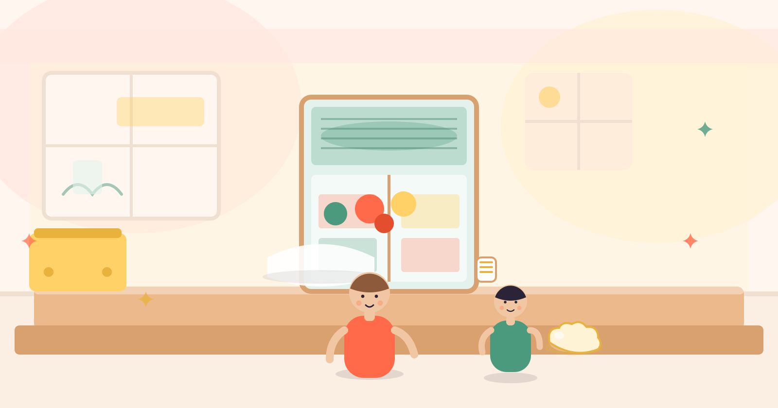 Illustration of a family of four doing different household chores together in a bright kitchen