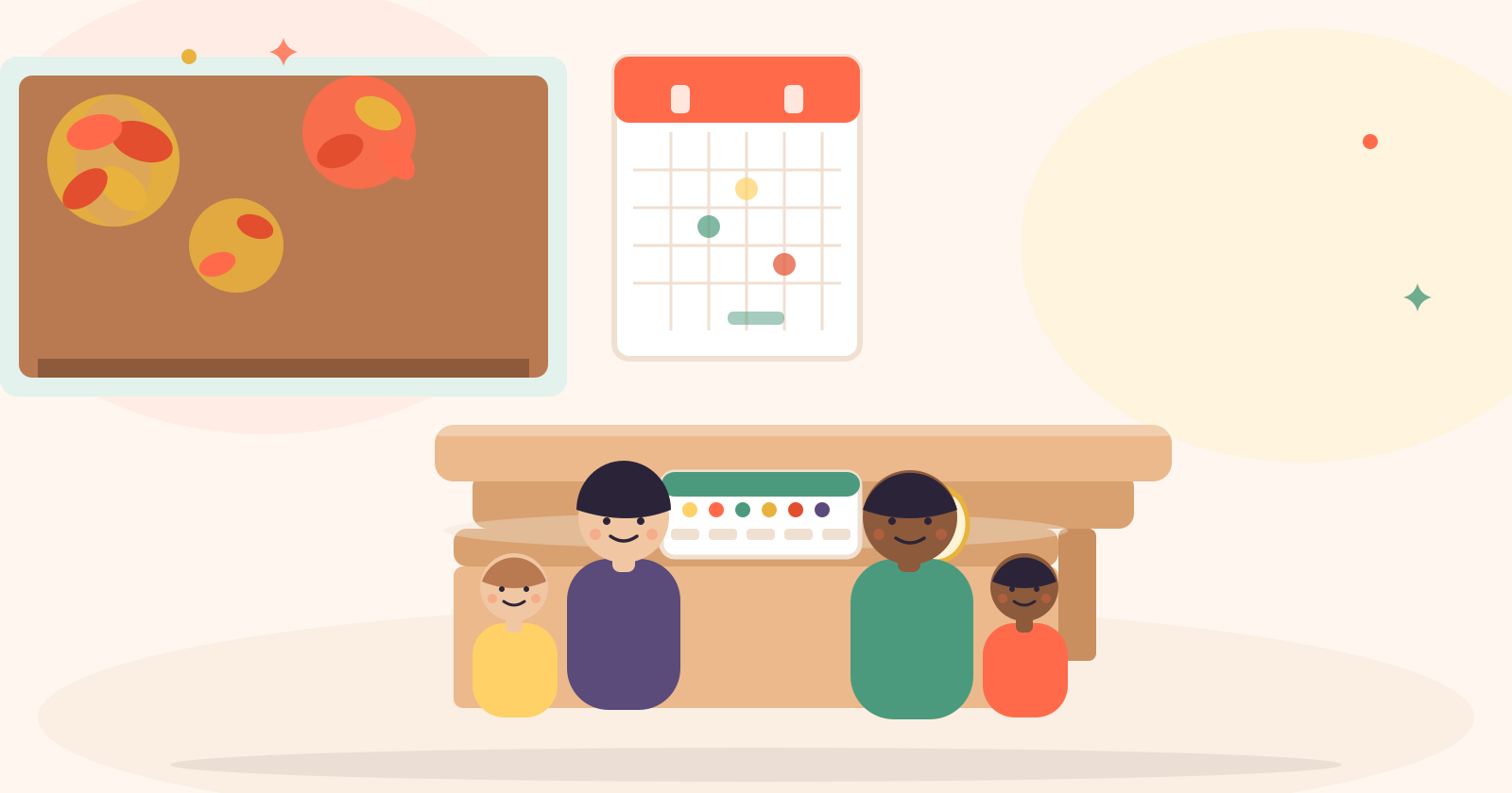 Illustration of a UK family looking at a calendar and a small jar of coins together at the kitchen table