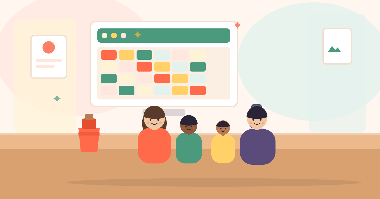 Illustration of a UK family looking together at a shared calendar on a tablet in the kitchen