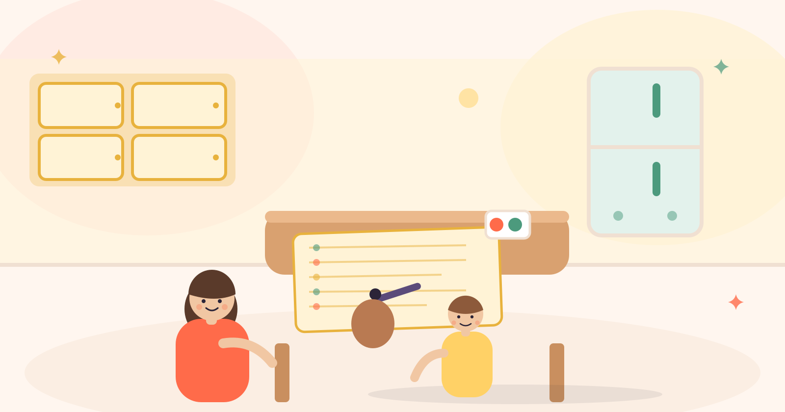 Illustration of a family planning meals together at a kitchen table with a shopping list and pantry items